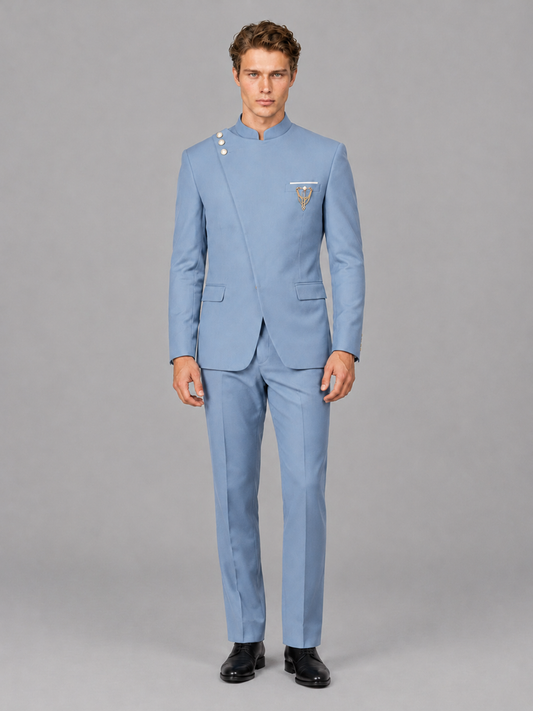 Savile Men's Light Blue Mandarin Collar Asymmetrical 2-Piece Suit Set – Modern Jacket & Trousers - Light Blue - Light Blue_2