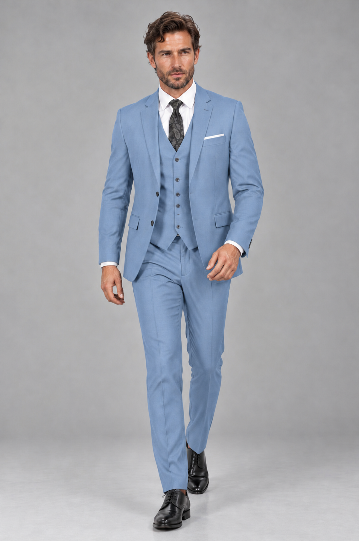 Savile Men's Light Blue 3-Piece Suit Set – Notch Lapel Blazer, Vest & Trousers - Light Blue - Light_Blue_4