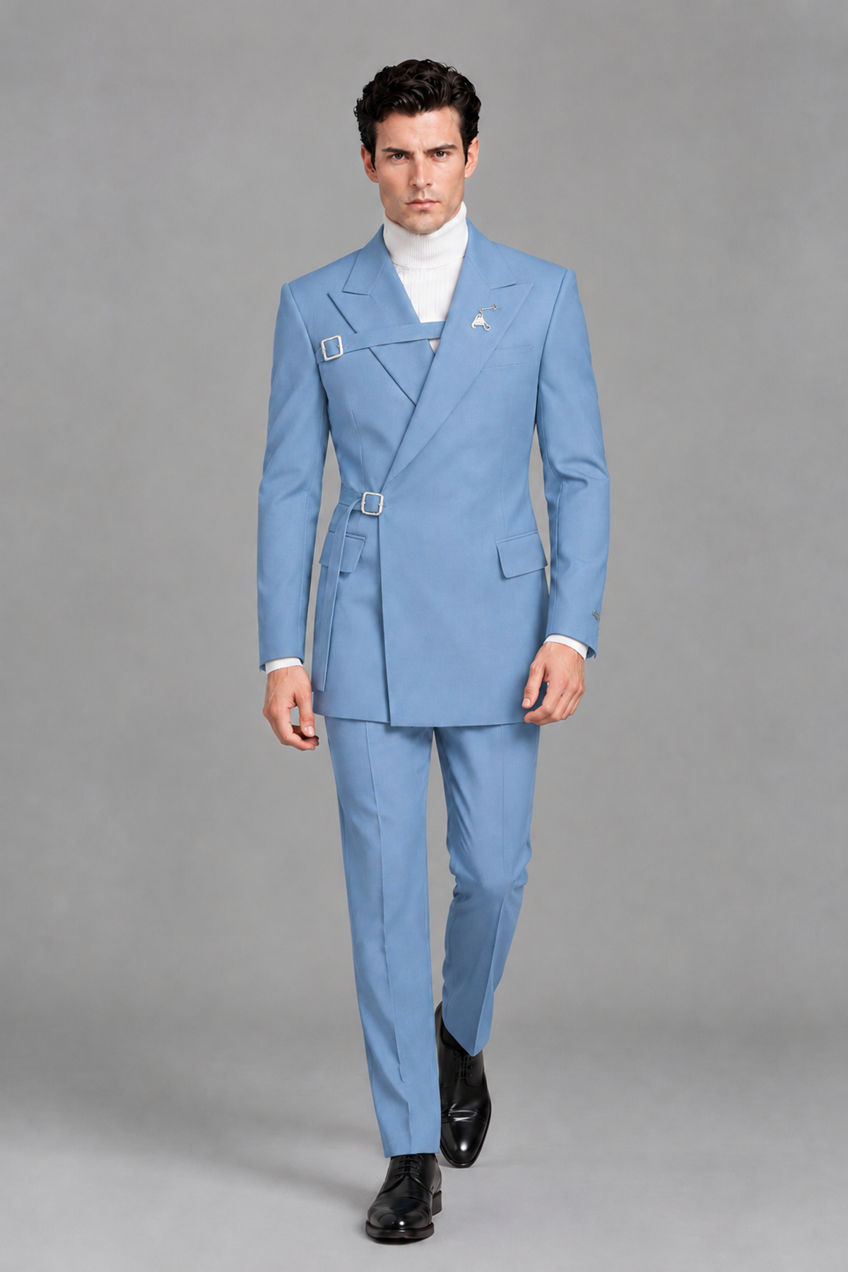 Savile Men's Light Blue Double Buckle Wrap Belted 2-Piece Suit Set – Peak Lapel Slim-Fit Jacket & Trousers - Light Blue - Light Blue_5