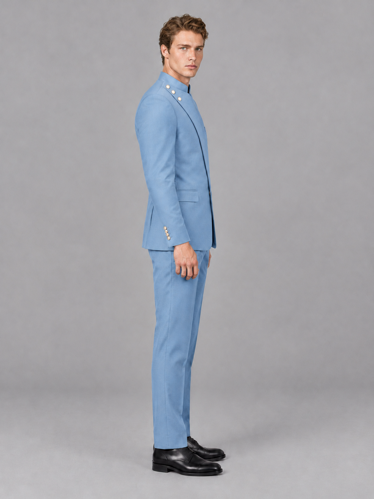 Savile Men's Light Blue Mandarin Collar Asymmetrical 2-Piece Suit Set – Modern Jacket & Trousers - Light Blue - Light Blue_5