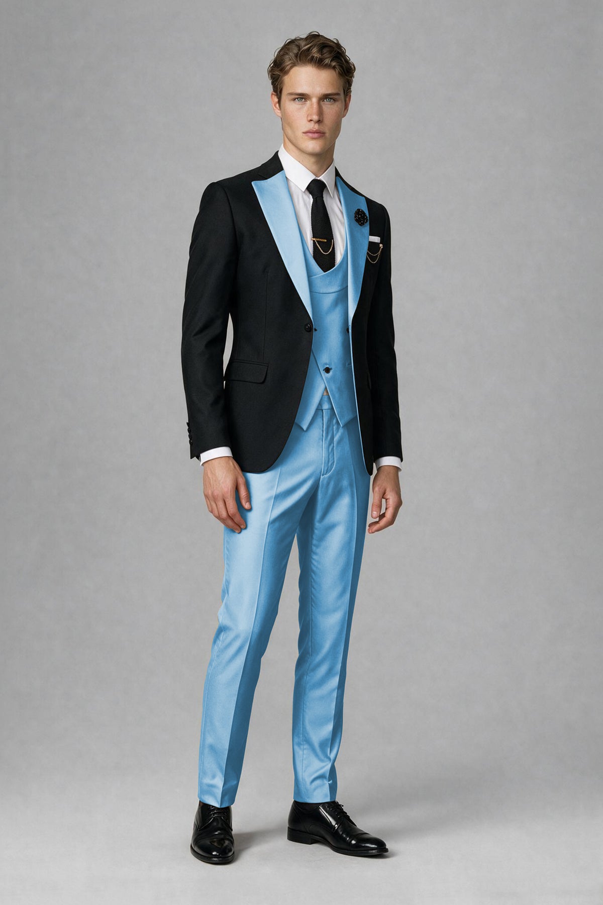 Savile Men's Black & Light Blue Three-Piece Wedding Suit - Light Blue