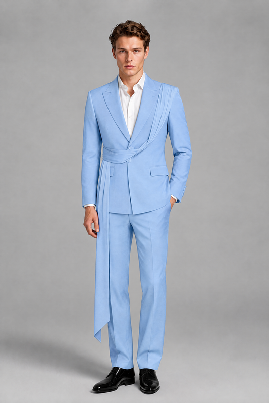 Men's Light Blue Draped Sash Suit – Peak Lapel 2-Piece Slim Fit Party, Gala & Wedding Set - Light Blue