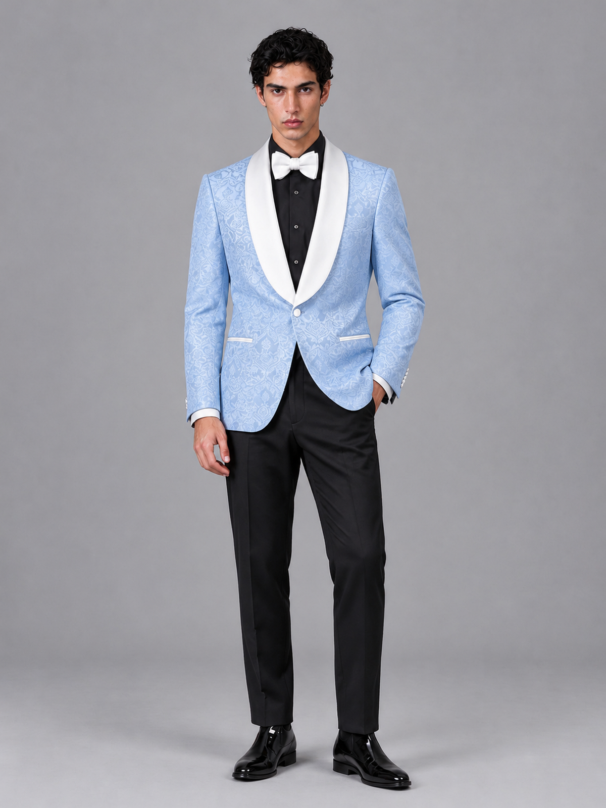 Savile Men's Light Blue Jacquard White Shawl Lapel 2-Piece Tuxedo Suit Set | Jacket & Trousers - Light Blue - Light Blue (4)