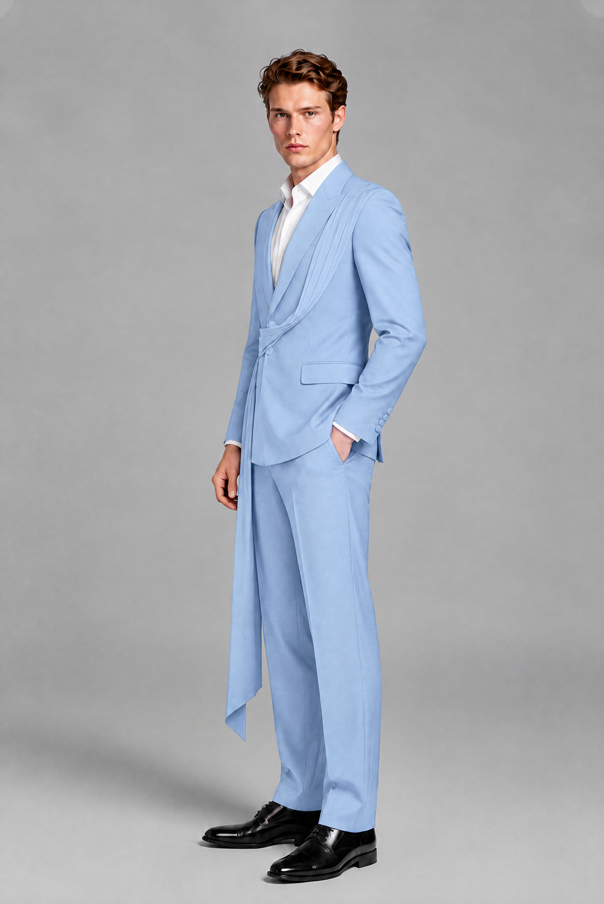 Men's Light Blue Draped Sash Suit – Peak Lapel 2-Piece Slim Fit Party, Gala & Wedding Set - Light Blue