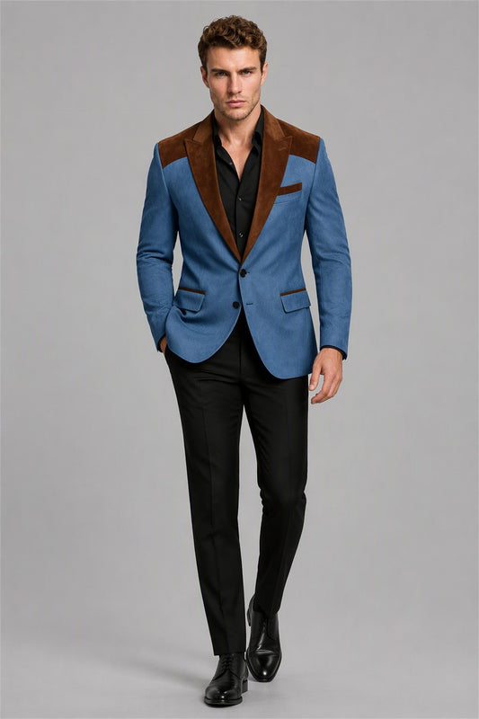 Men's Light Blue Velvet Contrast Blazer - Front Full Length | Savile AA0001