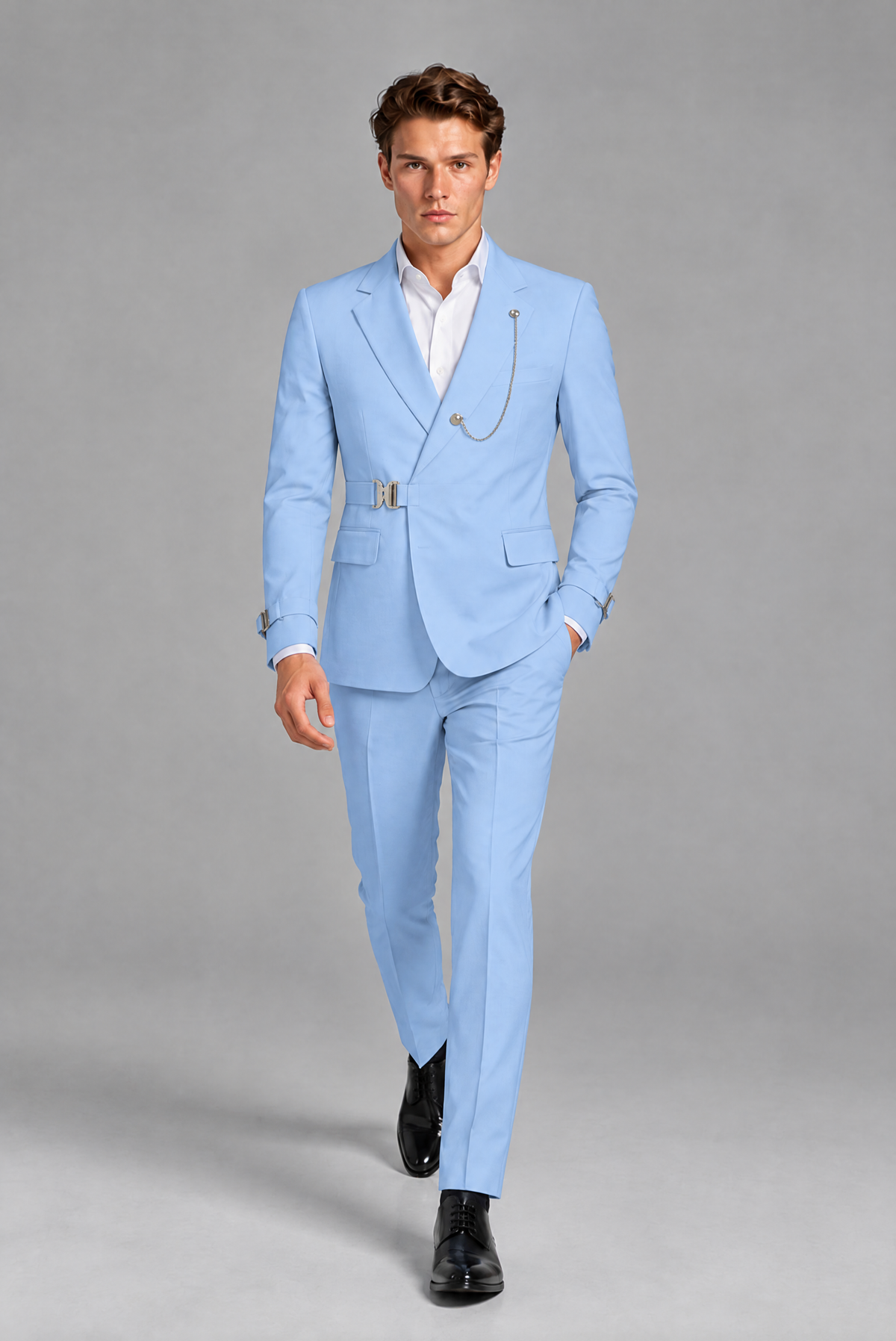 Savile Men's Light Blue 2-Piece Suit Set - Full-Body Side Profile View