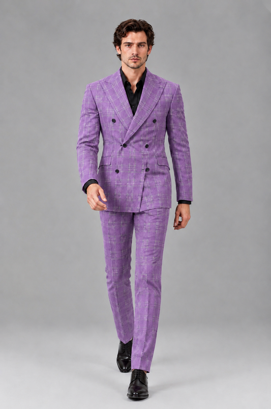 Savile Men's Rust Plaid 2-Piece Double-Breasted Suit – Peak Lapel Slim-Fit Jacket & Trousers Set - Lilac - Lilac