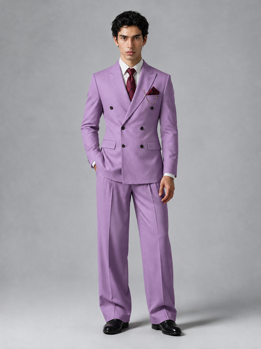 Savile Men's Lilac Double-Breasted 2-Piece Suit Set – Peak Lapel Blazer & Pleated Wide-Leg Trousers - Lilac - Lilac_2