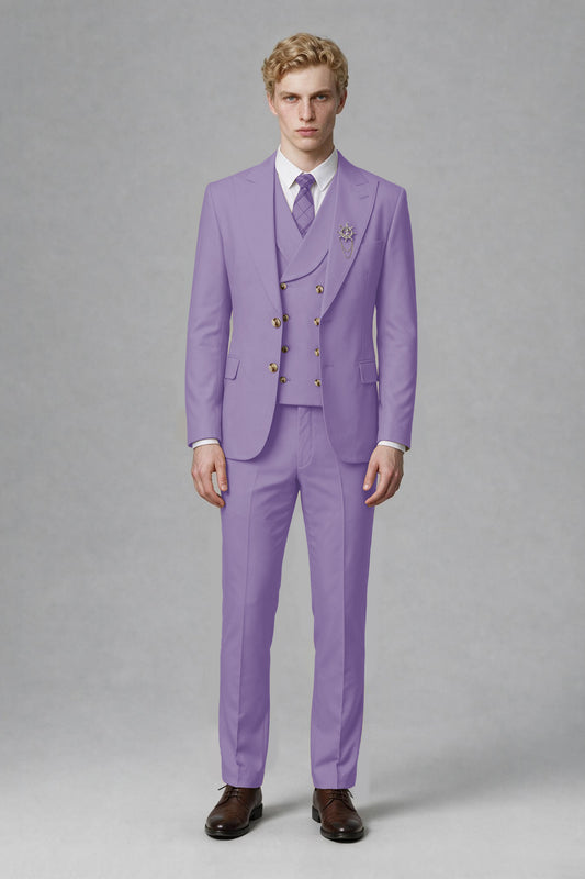 Savile Men's Lilac Three-Piece Wedding Suit with Double-Breasted Waistcoat - Lilac