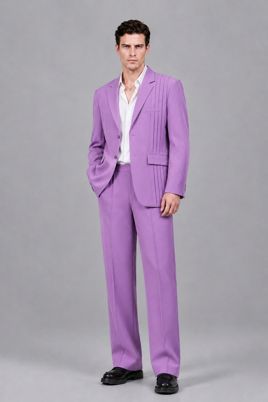 Savile Men's Lilac Pleated 2-Piece Suit Set | Notch Lapel Blazer & Tailored Trousers - Lilac - Lilac_2