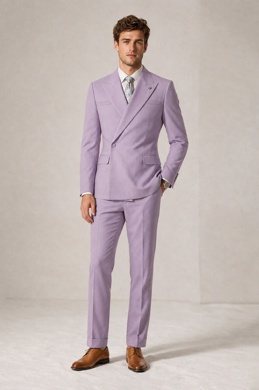 Savile Men's Lilac Double-Breasted Slim Fit 2-Piece Suit Set – Peak Lapel Blazer & Cuffed Trousers | Wedding Prom Formal - Lilac