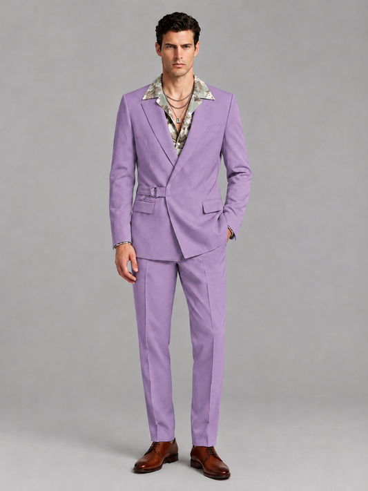 Savile Men's Lilac Belted Wrap 2-Piece Suit – Peak Lapel Blazer & Tailored Trousers - SUC060 - Lilac - Lilac_2