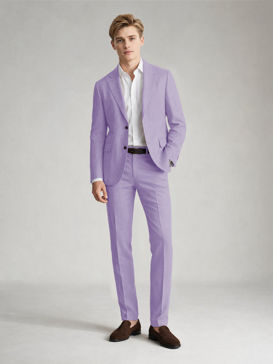 Savile Men's Sand Khaki Linen-Blend 2-Piece Suit Set – Two-Button Notch Lapel Slim-Fit Blazer & Slim Trousers - Lilac - Lilac