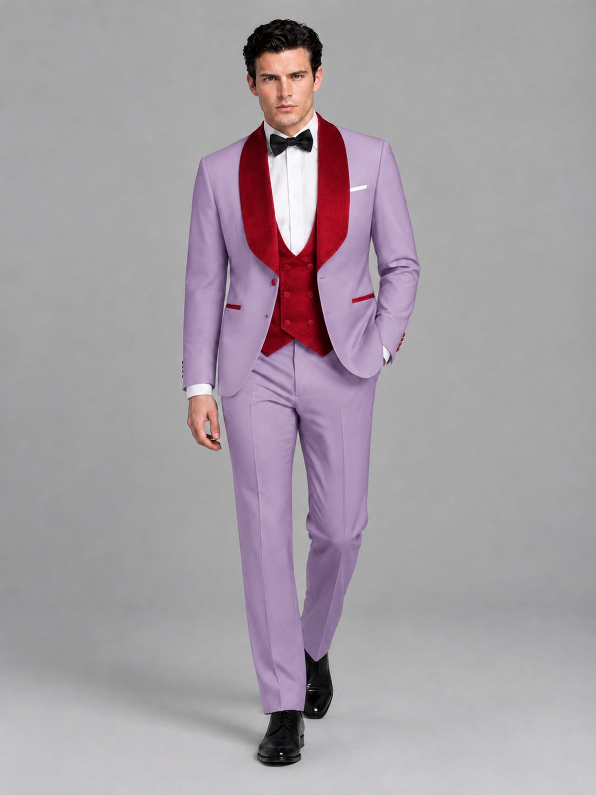 Savile Men's Lilac 3-Piece Tuxedo Suit Set – Contrast Red Shawl Lapel Blazer, Red Waistcoat & Trousers - SUC020 - Lilac