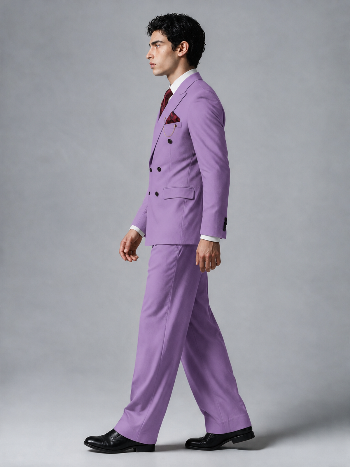 Savile Men's Lilac Double-Breasted 2-Piece Suit Set – Peak Lapel Blazer & Pleated Wide-Leg Trousers - Lilac - Lilac_4