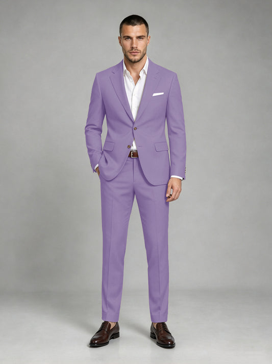 Savile Men's Dark Lilac Wool-Blend 2-Piece Suit Set – Two-Button Notch Lapel Slim-Fit Blazer & Turn-Up Trousers - Lilac