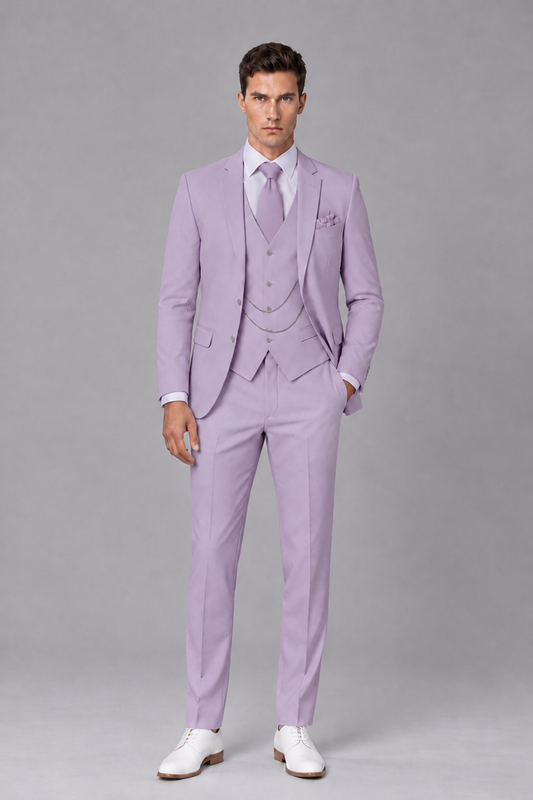 Savile Lilac 3-Piece Suit with Notch Lapel & Chain Vest - Lilac