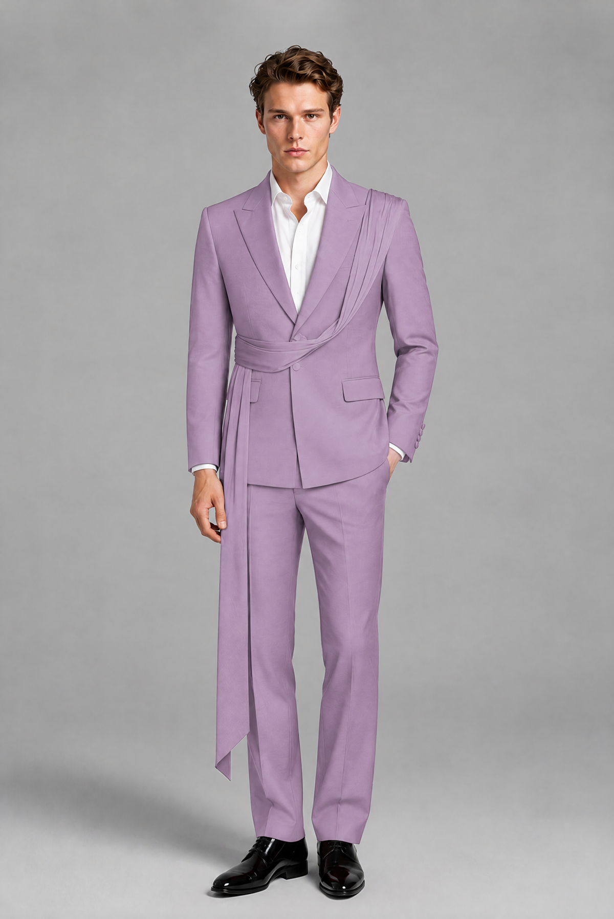 Men's Lilac Draped Sash Suit – Peak Lapel 2-Piece Slim Fit Party, Gala & Wedding Set - Lilac
