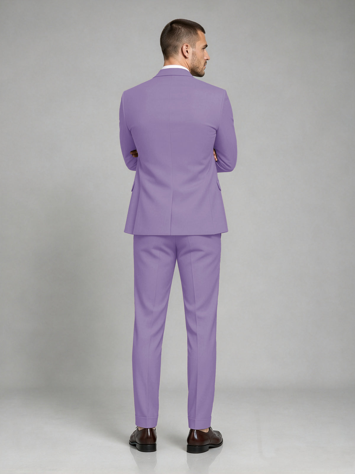 Savile Men's Dark Lilac Wool-Blend 2-Piece Suit Set – Two-Button Notch Lapel Slim-Fit Blazer & Turn-Up Trousers - Lilac