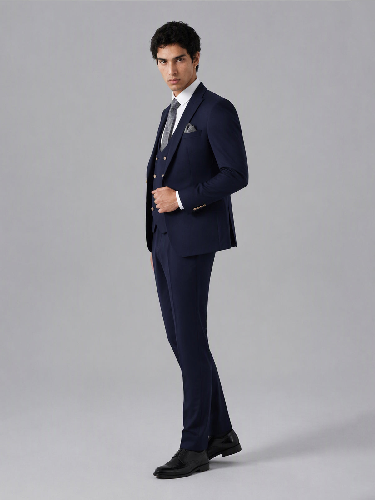 Men's Navy Blue 3-Piece Suit Set – Jacket, Double-Breasted Vest & Trousers