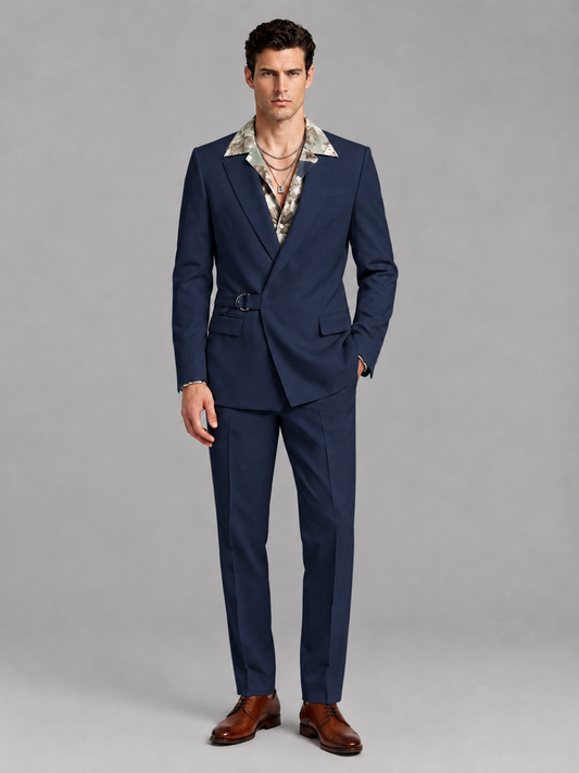 Savile Men's Navy Blue Belted Wrap 2-Piece Suit – Peak Lapel Blazer & Tailored Trousers - SUC060 - Navy Blue - Navy Blue_2