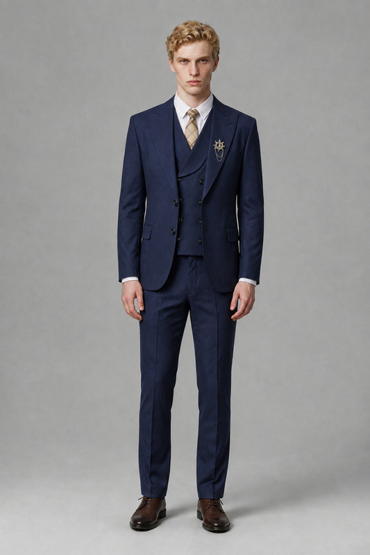 Savile Men's Navy Blue Three-Piece Wedding Suit with Double-Breasted Waistcoat - Navy Blue