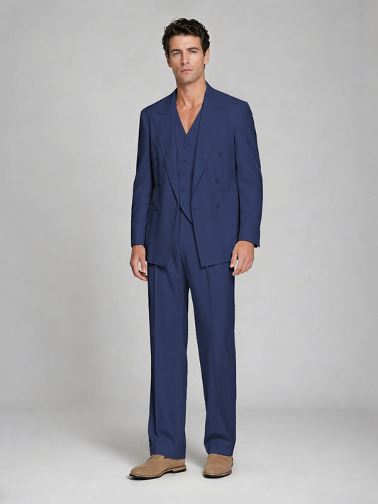 Men's Navy Blue Double-Breasted 2-Piece Suit – Peak Lapel Wedding & Beach Formal Set with Vest - Navy Blue