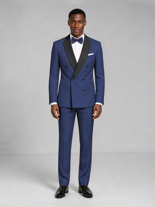 Men's Navy Blue Double-Breasted Tuxedo Suit – Satin Shawl Lapel Navy Blue-Tie Wedding & Gala 2-Piece Set - Navy Blue