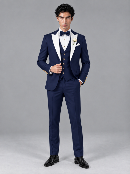 Savile Men's Navy Blue Contrast White Peak Lapel 3-Piece Tuxedo Suit - Navy_Blue