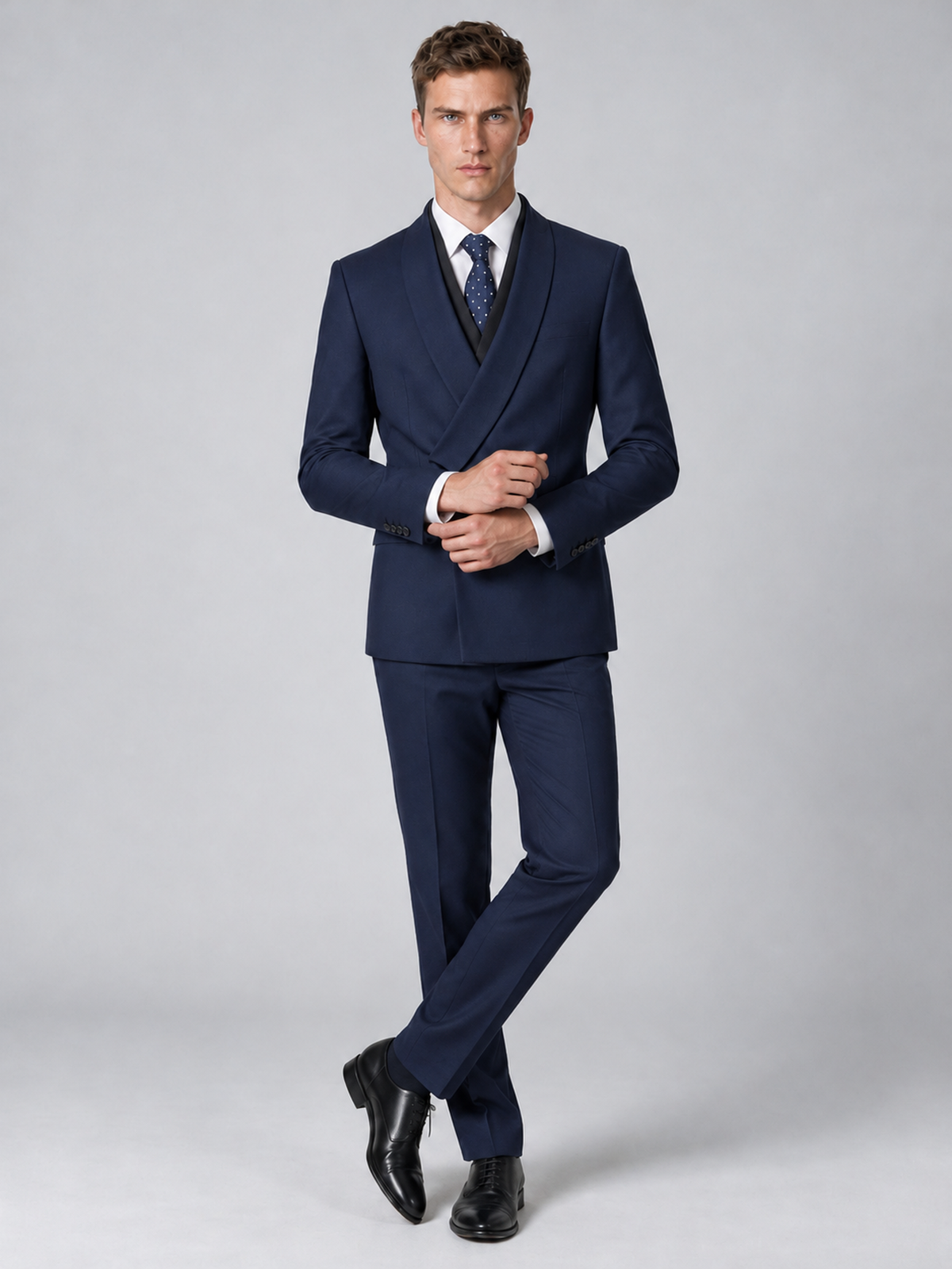Savile Men's Navy Blue Wrap Shawl Lapel 2-Piece Suit Set – Modern Jacket & Trousers - Navy Blue - Navy Blue_4