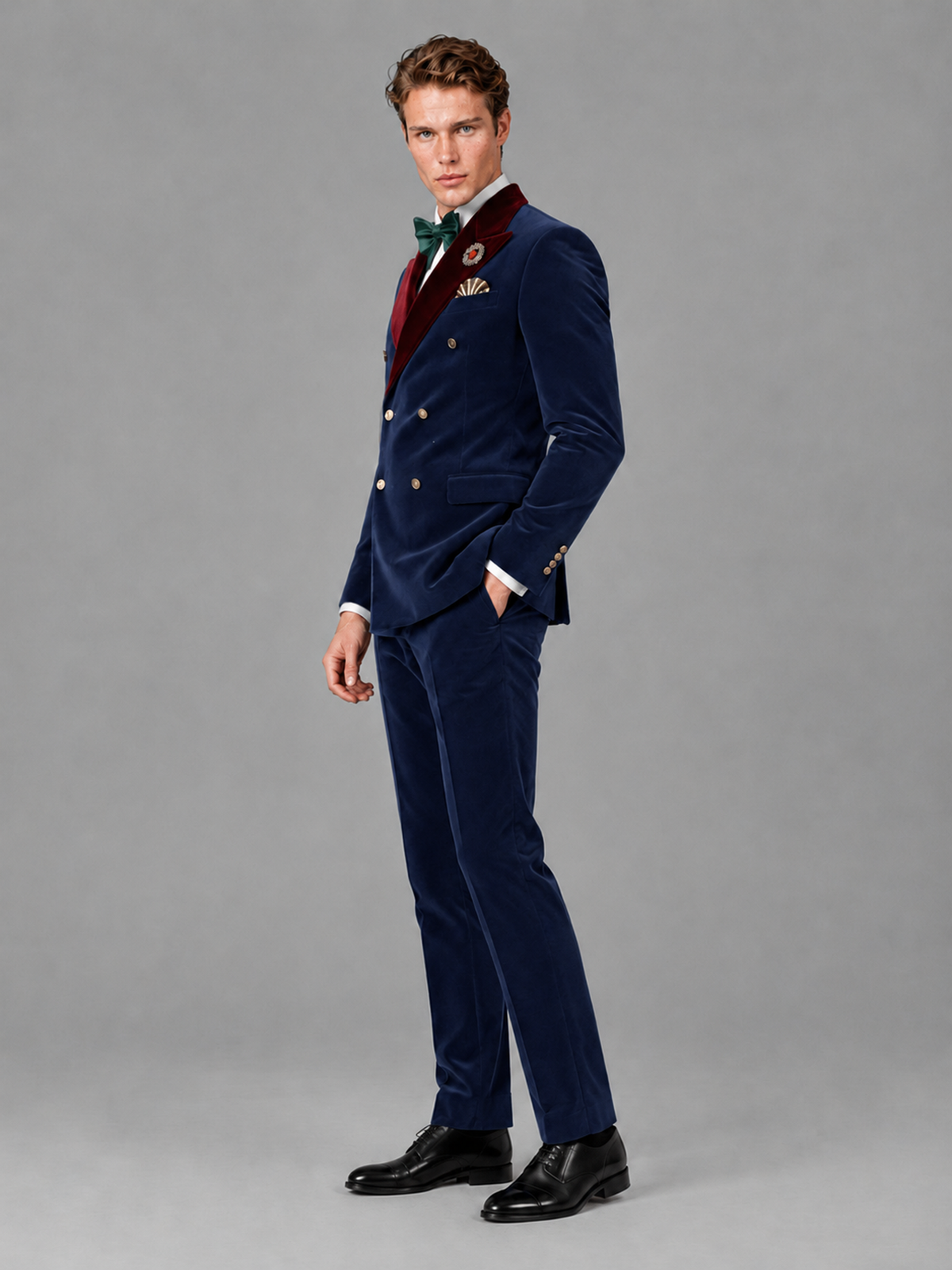 Savile Men's Navy Blue Velvet Double-Breasted 2-Piece Tuxedo Suit with Burgundy Peak Lapel - Navy_Blue