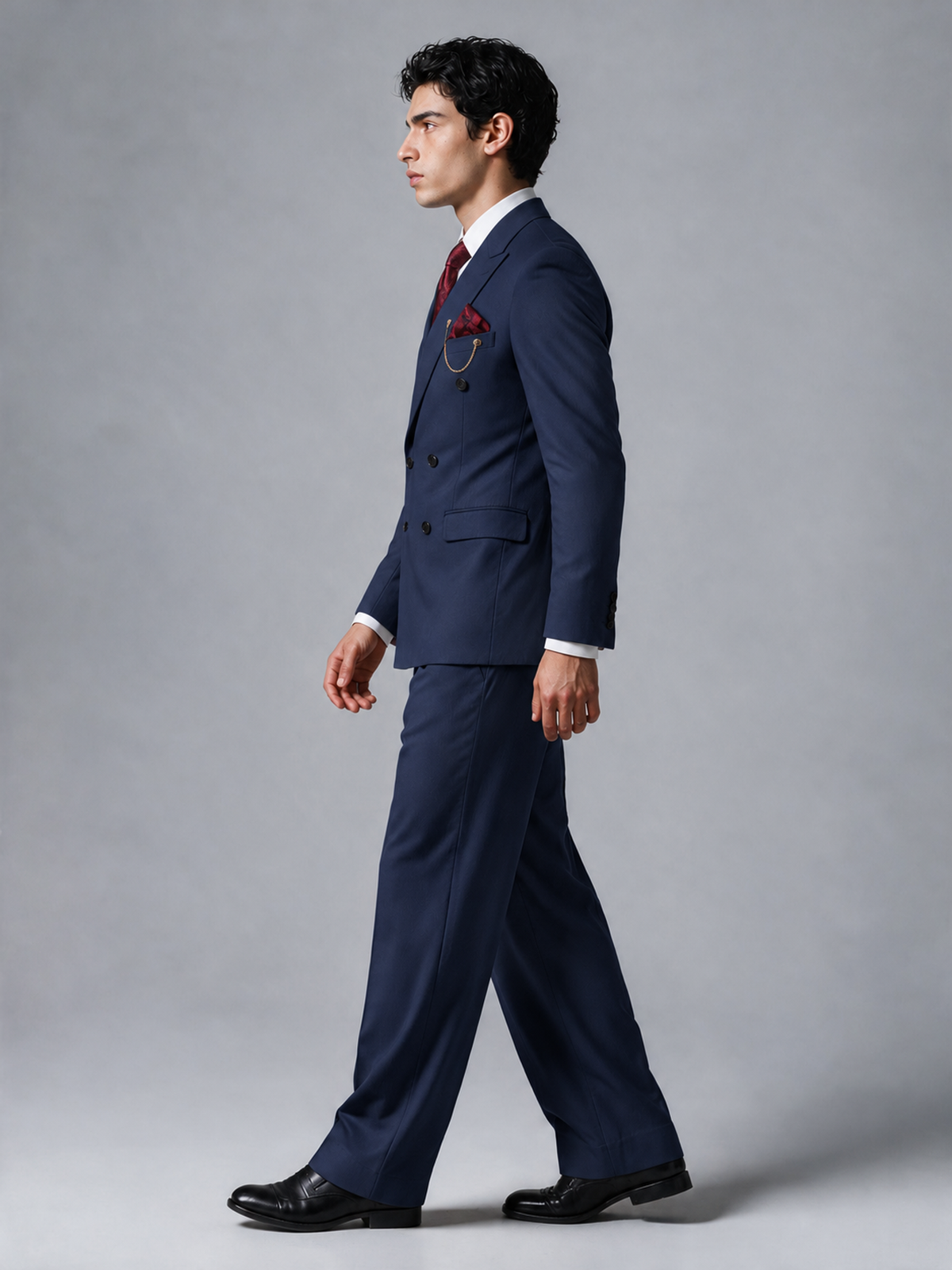 Savile Men's Navy Blue Double-Breasted 2-Piece Suit Set – Peak Lapel Blazer & Pleated Wide-Leg Trousers - Navy Blue - Navy Blue_4