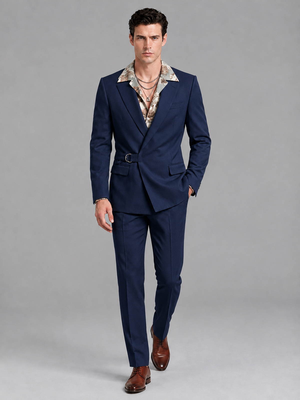 Savile Men's Navy Blue Belted Wrap 2-Piece Suit – Peak Lapel Blazer & Tailored Trousers - SUC060 - Navy Blue - Navy Blue_4