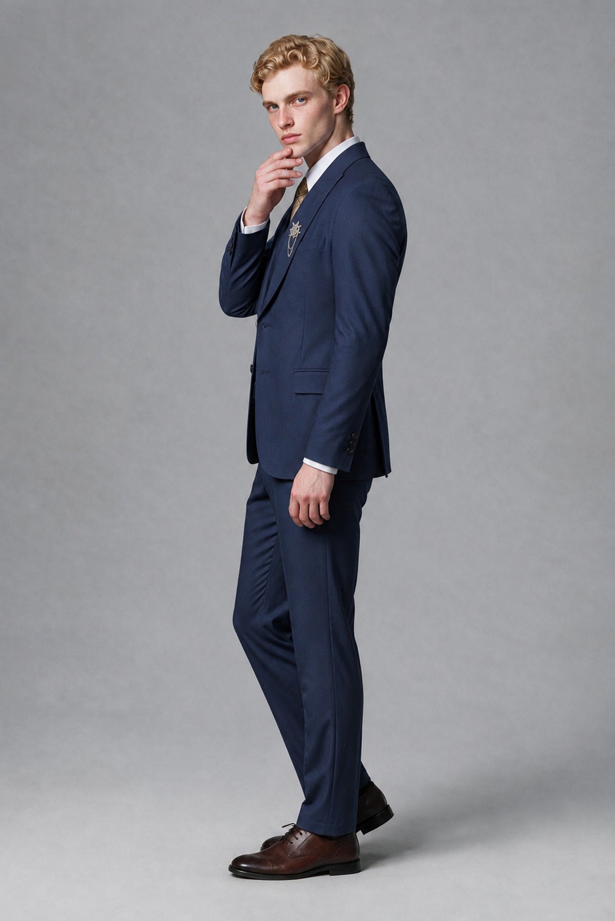Savile Men's Navy Blue Three-Piece Wedding Suit with Double-Breasted Waistcoat - Navy Blue