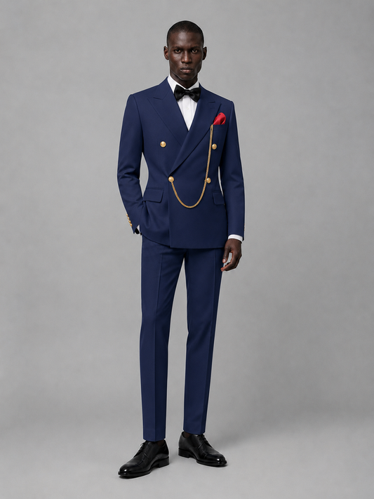 Men's Navy Blue Double-Breasted 2-Piece Suit Set – Jacket & Trousers | Navy Blue Chain - Navy Blue