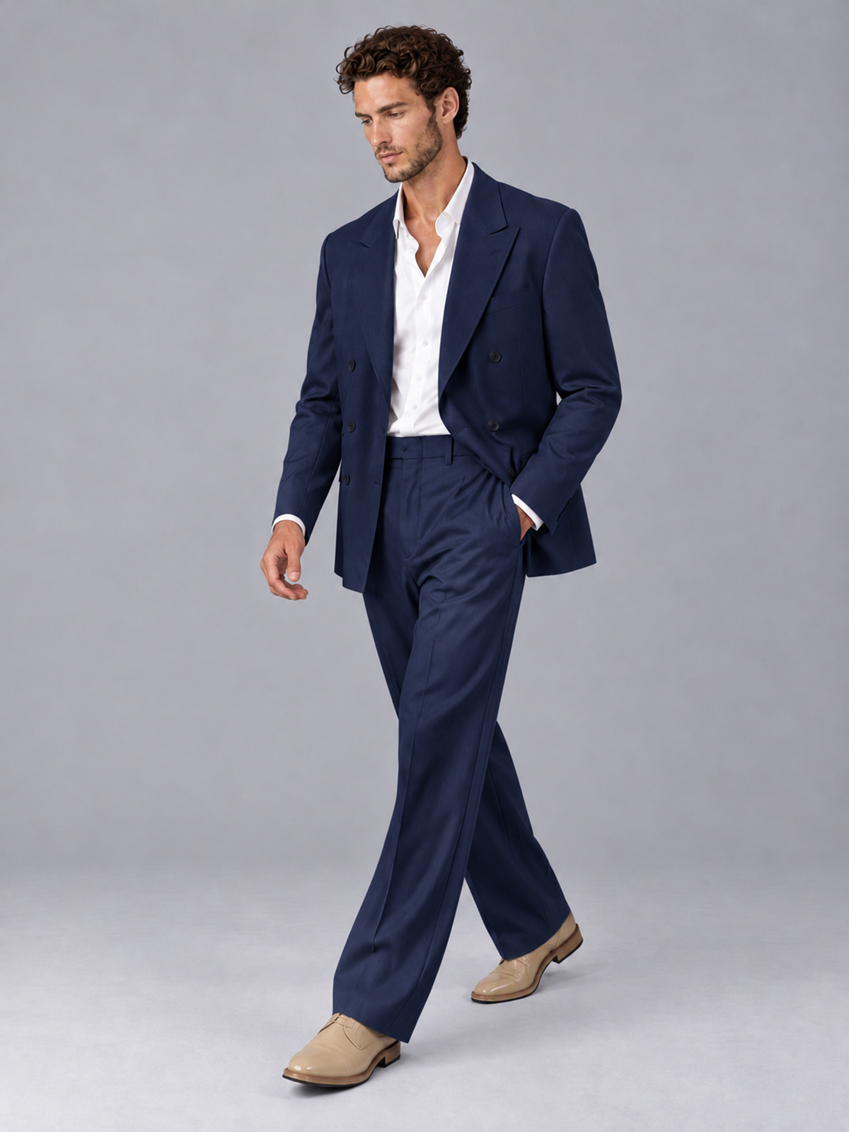 Savile Navy Blue Beige Double-Breasted 2-Piece Suit with Peak Lapel - Navy Blue