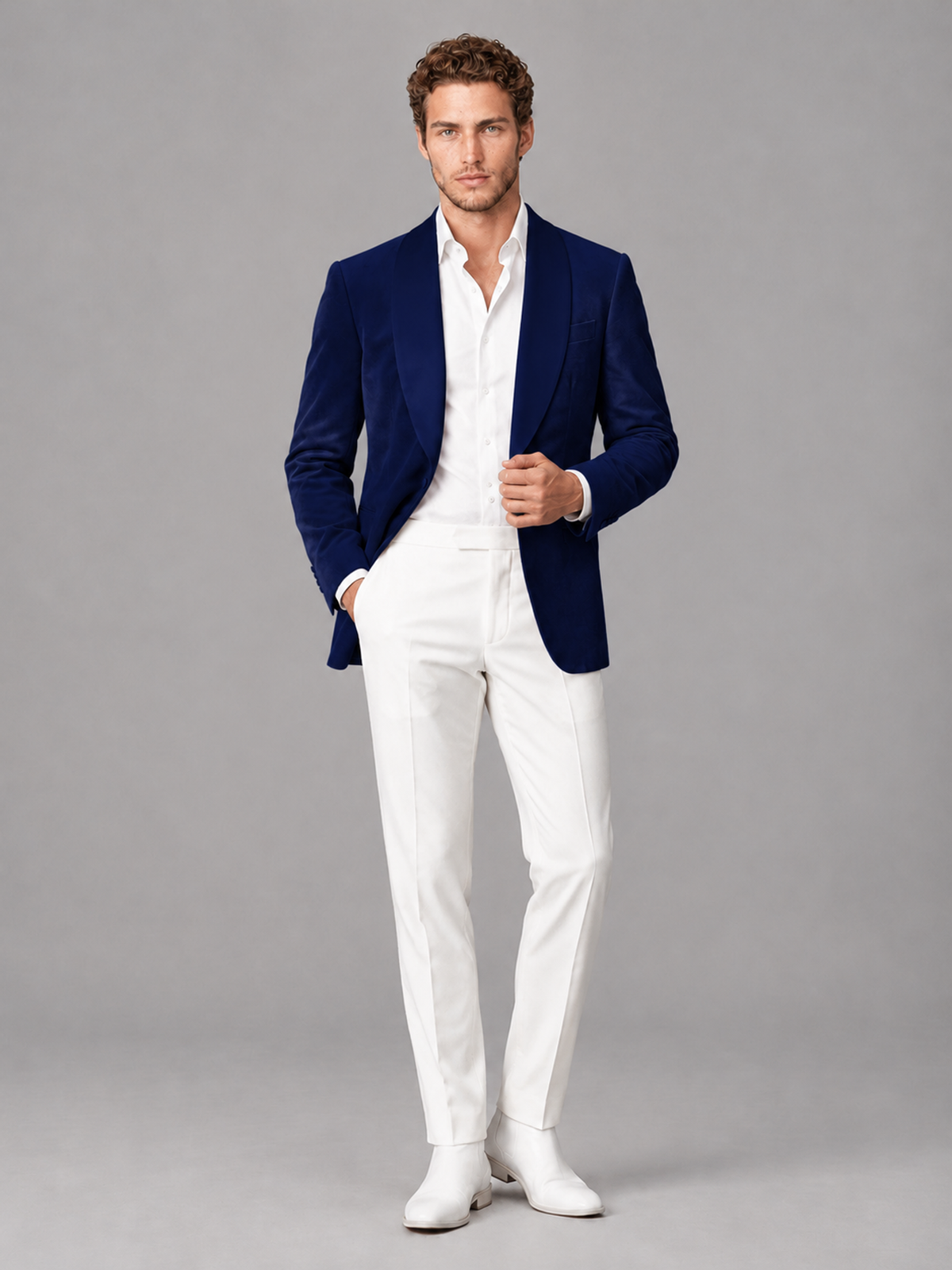 Savile Men's Navy Blue Velvet Shawl Lapel 2-Piece Tuxedo Suit Set | Jacket & White Trousers - Navy Blue - Navy Blue (4)