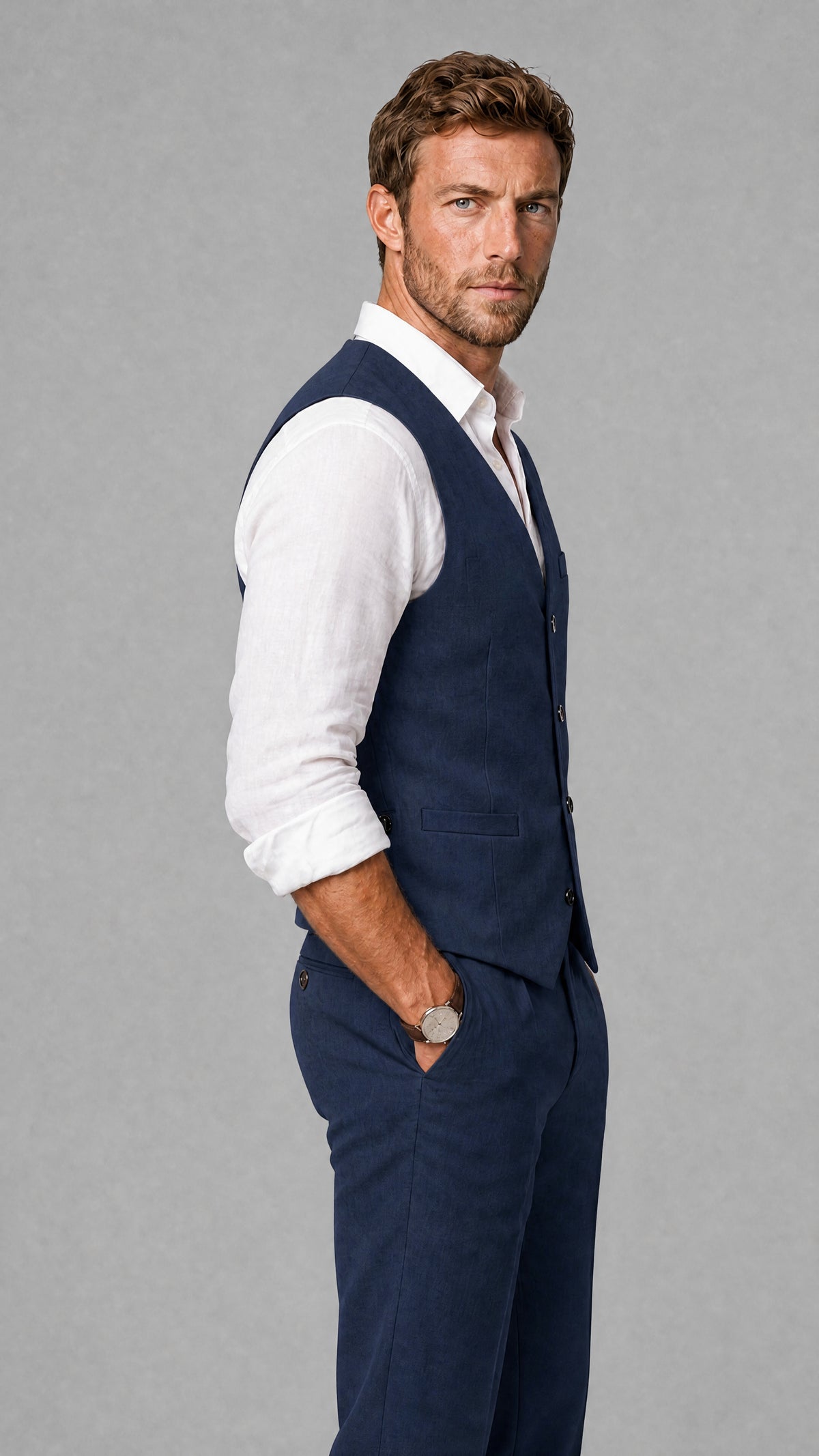 Men's Navy Blue Linen Blend Single-Breasted V-Neck Suit Vest | Savile QX0101 - Navy Blue