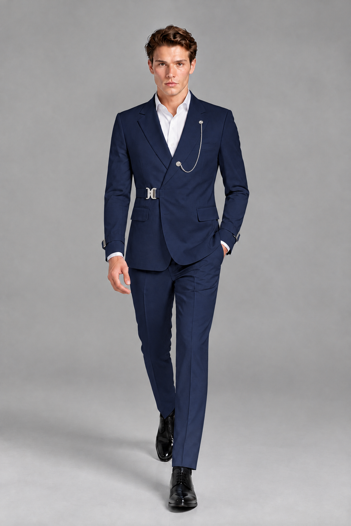 Savile Men's Navy Blue Buckle-Closure 2-Piece Suit Set | Peak Lapel Blazer & Trousers - Navy Blue