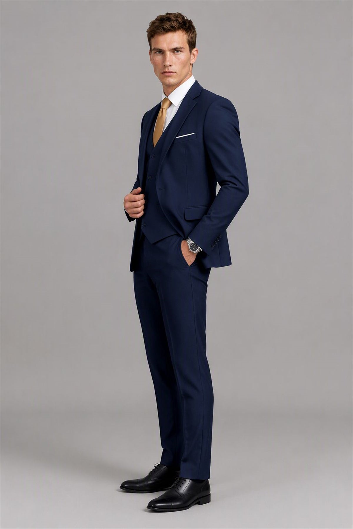 Men's Navy Blue 3-Piece Slim Fit Suit - Three-Quarter View | Savile AA0002