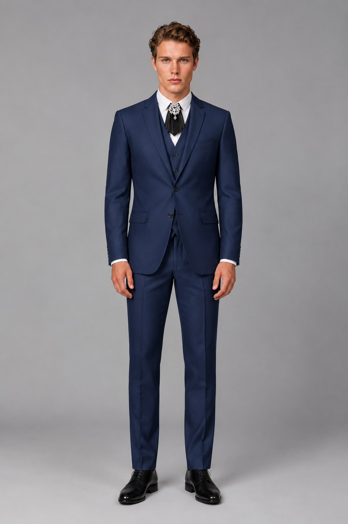 Savile Men's Navy Blue 3-Piece Suit featuring slim-fit jacket, vest, and trousers front view