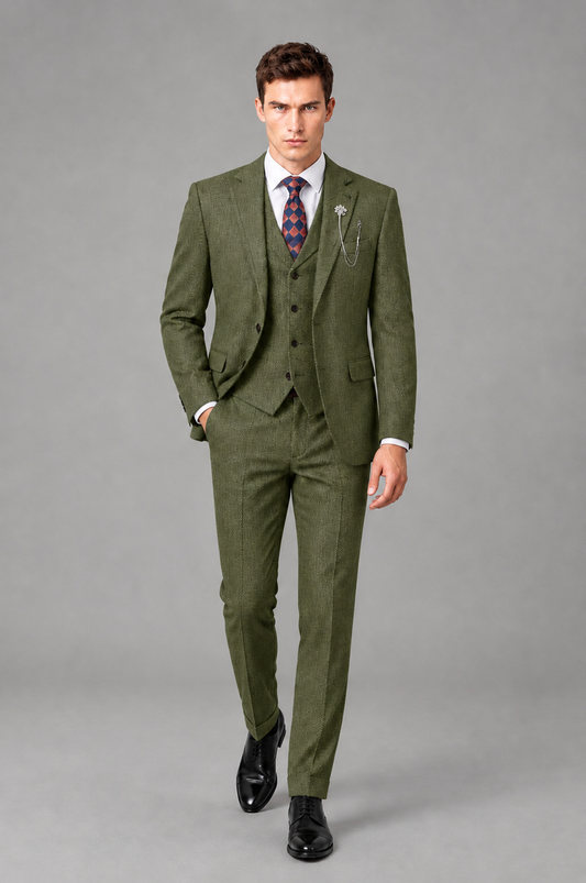 Savile Men's Grey Notch Lapel 3-Piece Suit Set | Jacket, Vest & Trousers - Olive Green - Olive Green