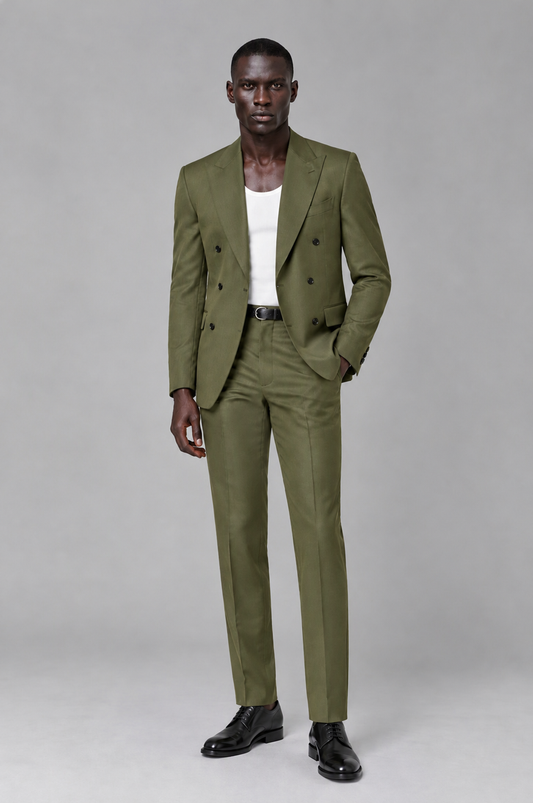 Savile Men's Olive Green Double Breasted Slim Fit 2-Piece Suit Set – Blazer & Trousers | Wedding Gala Formal - Olive Green - Olive Green_02