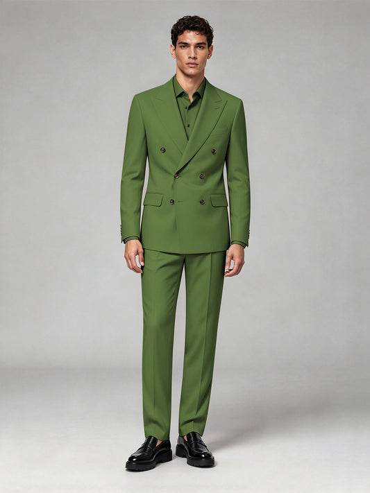 Savile Men's Olive Green Double-Breasted 2-Piece Suit Set – Blazer & Trousers - Olive Green