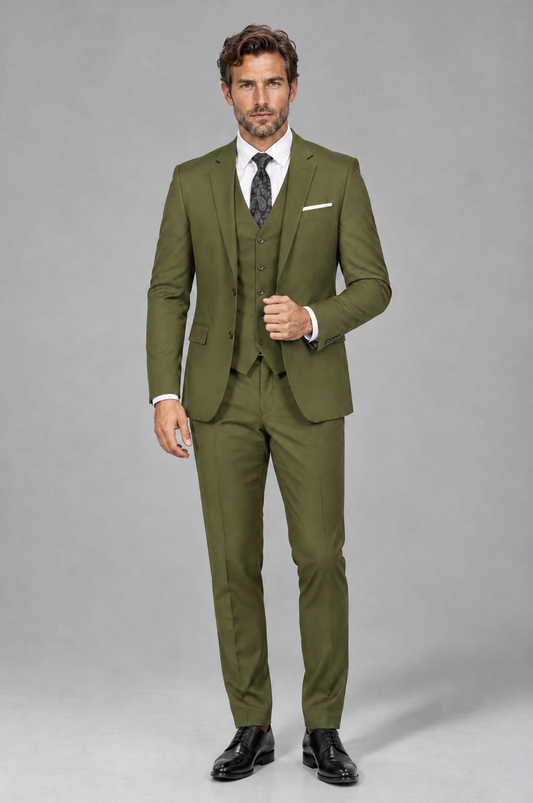 Savile Men's Olive Green 3-Piece Suit Set – Notch Lapel Blazer, Vest & Trousers - Olive Green - Olive_Green_2