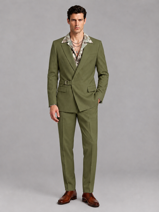 Savile Men's Olive Green Belted Wrap 2-Piece Suit – Peak Lapel Blazer & Tailored Trousers - SUC060 - Olive Green - Olive Green_2