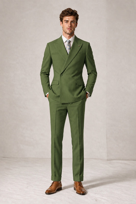 Savile Men's Olive Green Double-Breasted Slim Fit 2-Piece Suit Set – Peak Lapel Blazer & Cuffed Trousers | Wedding Prom Formal - Olive Green
