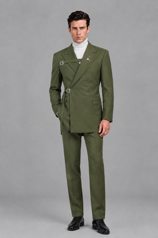 Savile Men's Olive Green Double Buckle Wrap Belted 2-Piece Suit Set – Peak Lapel Slim-Fit Jacket & Trousers - Olive Green - Olive Green_2
