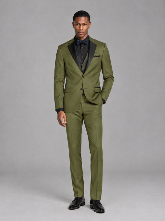 Savile Men's Olive Green Contrast Shawl Lapel Tuxedo Suit – 3-Piece Wedding, Prom & Black-Tie Formal Set - Olive Green - Olive Green_2