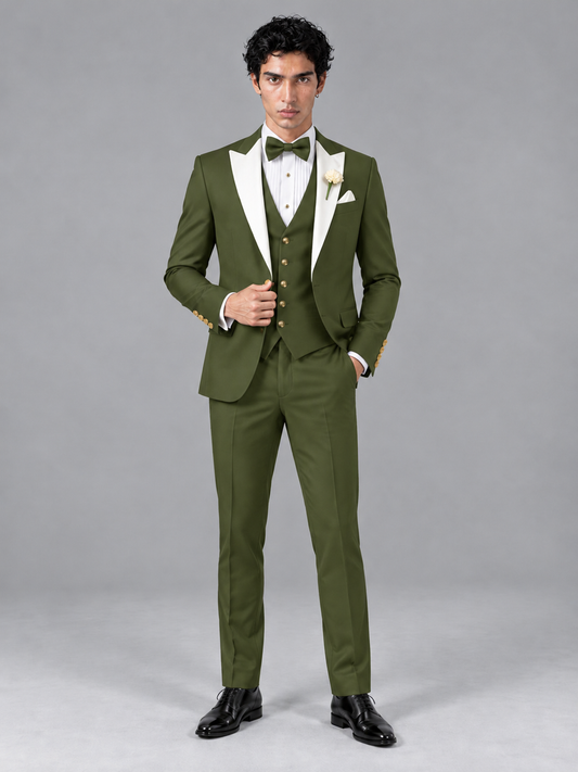 Savile Men's Olive Green Contrast White Peak Lapel 3-Piece Tuxedo Suit - Olive_Green